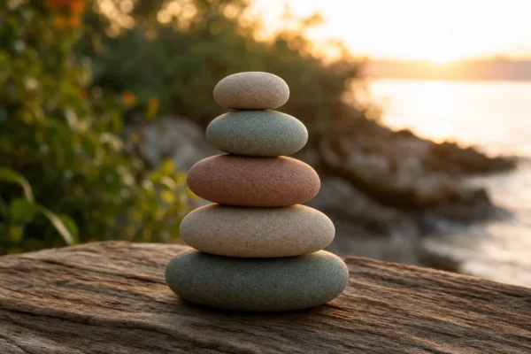 Piedras en equilibrio sobre madera al atardecer