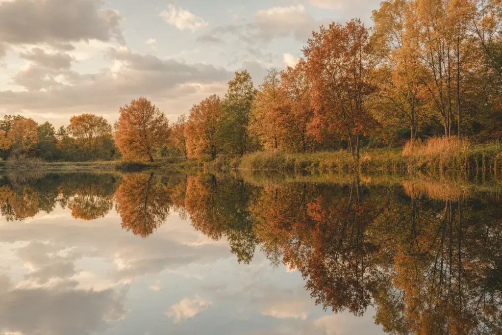 Aguas en calma reflejando los arboles al atardecer