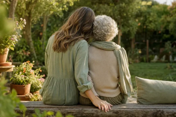 Una madre y su hija adulta sentadas juntas en un banco del jardin